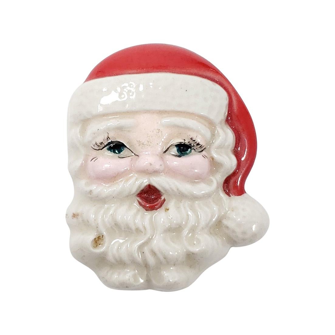 Santa Clause Vintage Pin Brooch, Enameled Ceramic, Late 1900s