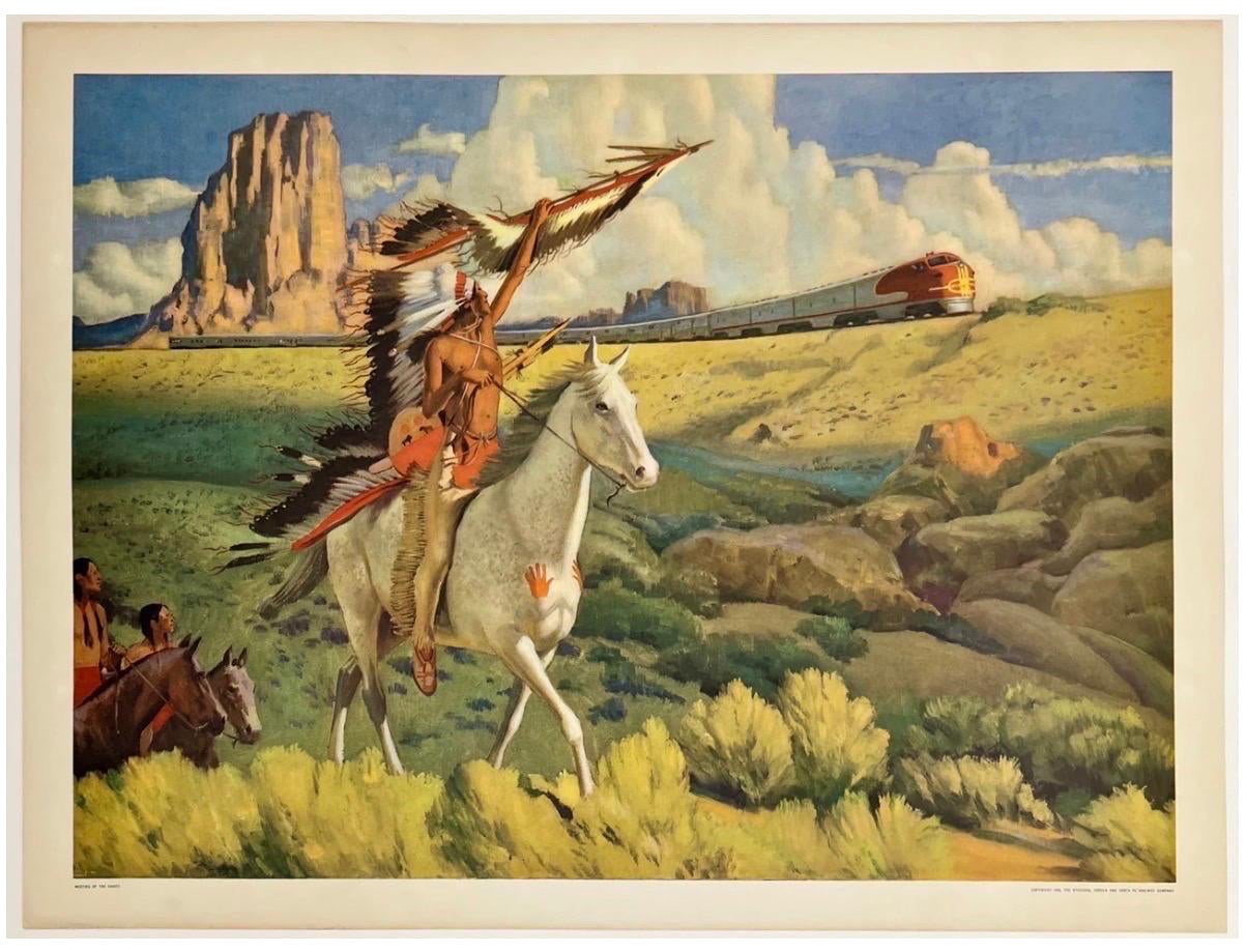 SANTA FE RAILROAD MEETING OF THE CHIEFS Original Vintage Travel Tourism Poster