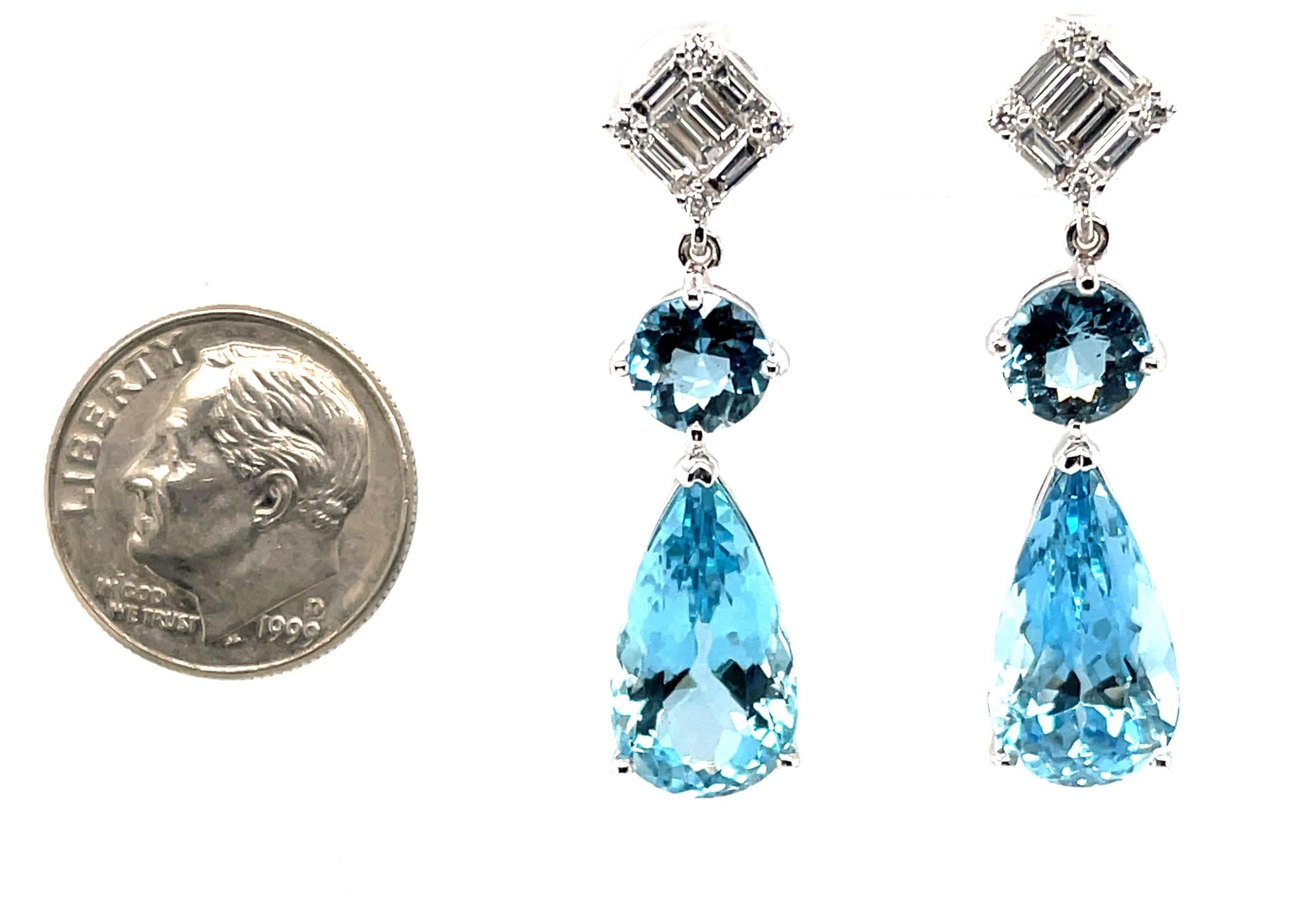 Pear Cut Santa Maria Aquamarine and Diamond Dangle Earrings in 18k White Gold For Sale