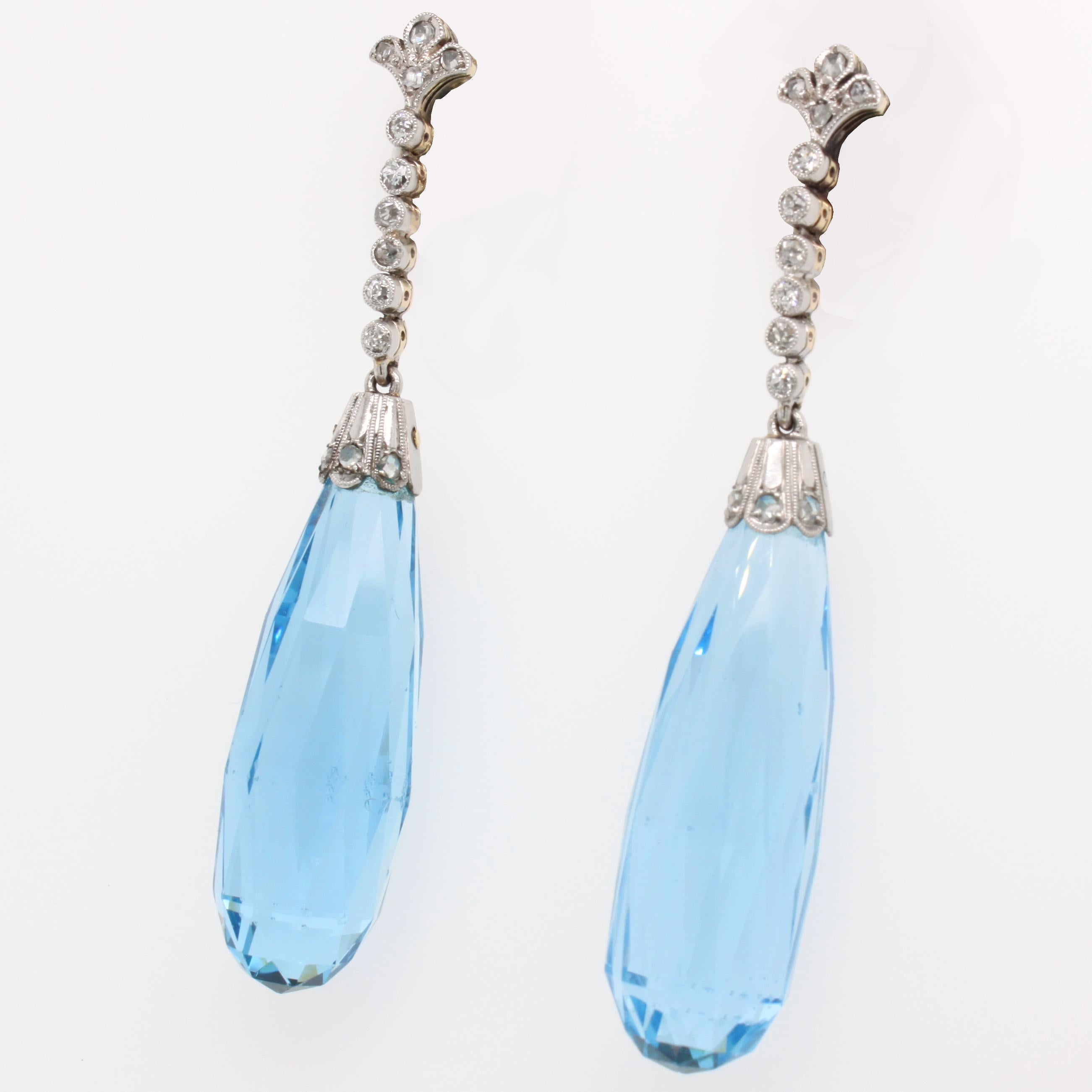 Important pair of antique aquamarine briolette and diamond earclips, 1910s. The aquamarines exhibit a stunning crystal and blue colour, which is only prevalent in exceptional aquamarines from Santa Maria, Brazil. Both briolettes weigh approximately