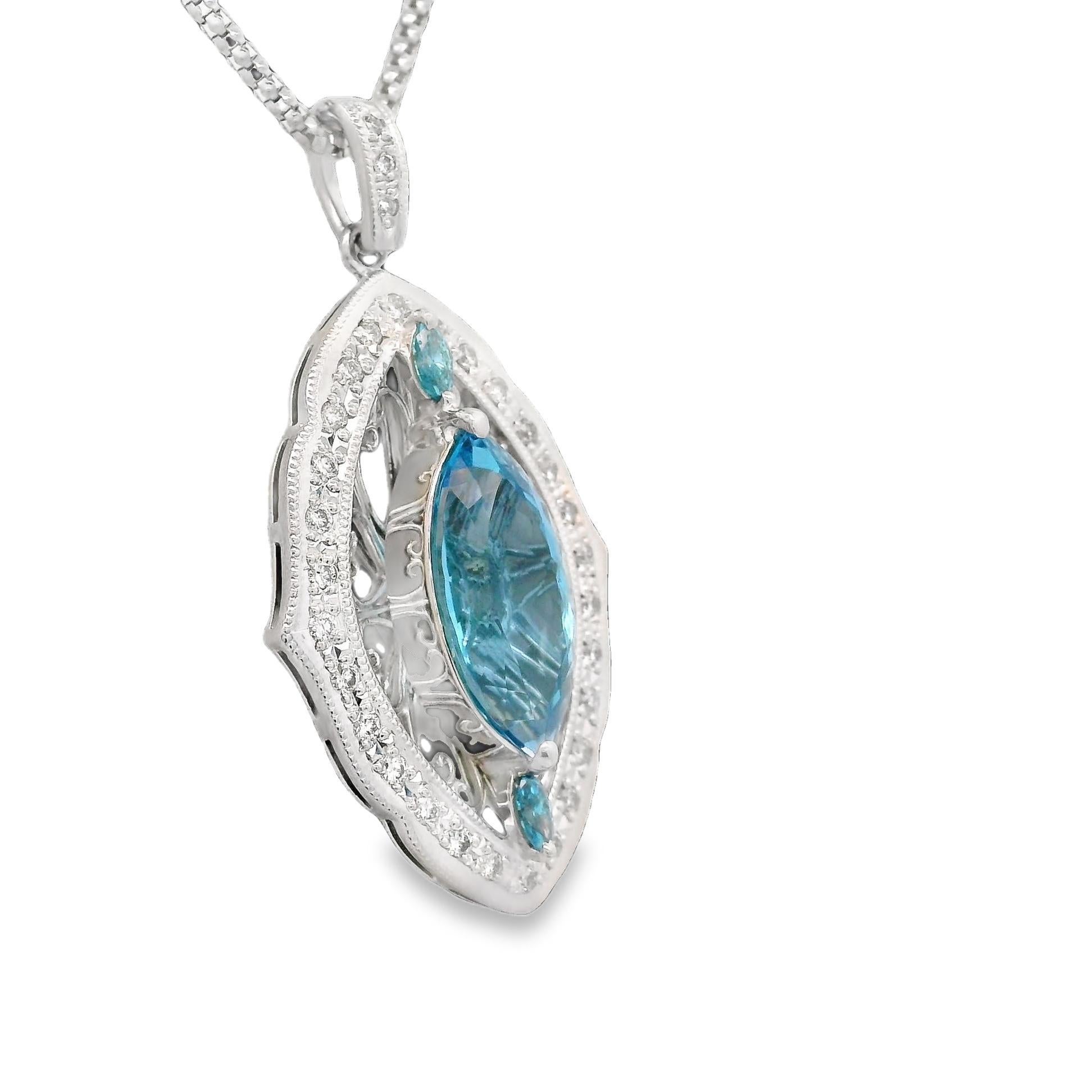 Santa Maria Aigue-marine Diamant Platine Pendentif Navette Excellent état - En vente à Beverly Hills, CA