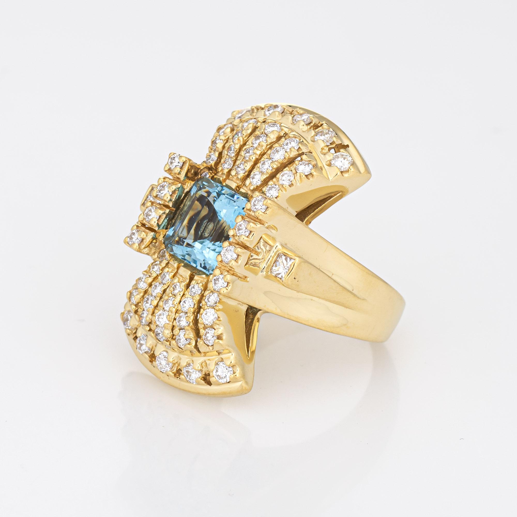 Contemporary Santa Maria Aquamarine Diamond Ring Estate 18k Yellow Gold Cocktail Jewelry 6.5  For Sale