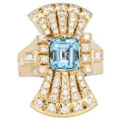 Santa Maria Aquamarine Diamond Ring Estate 18k Yellow Gold Cocktail Jewelry 6.5 