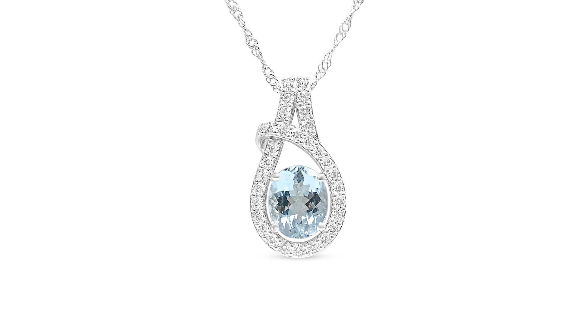 Oval Cut Santa Maria Aquamarine Pendant with White Zircon in Sterling Silver 2.63cts For Sale