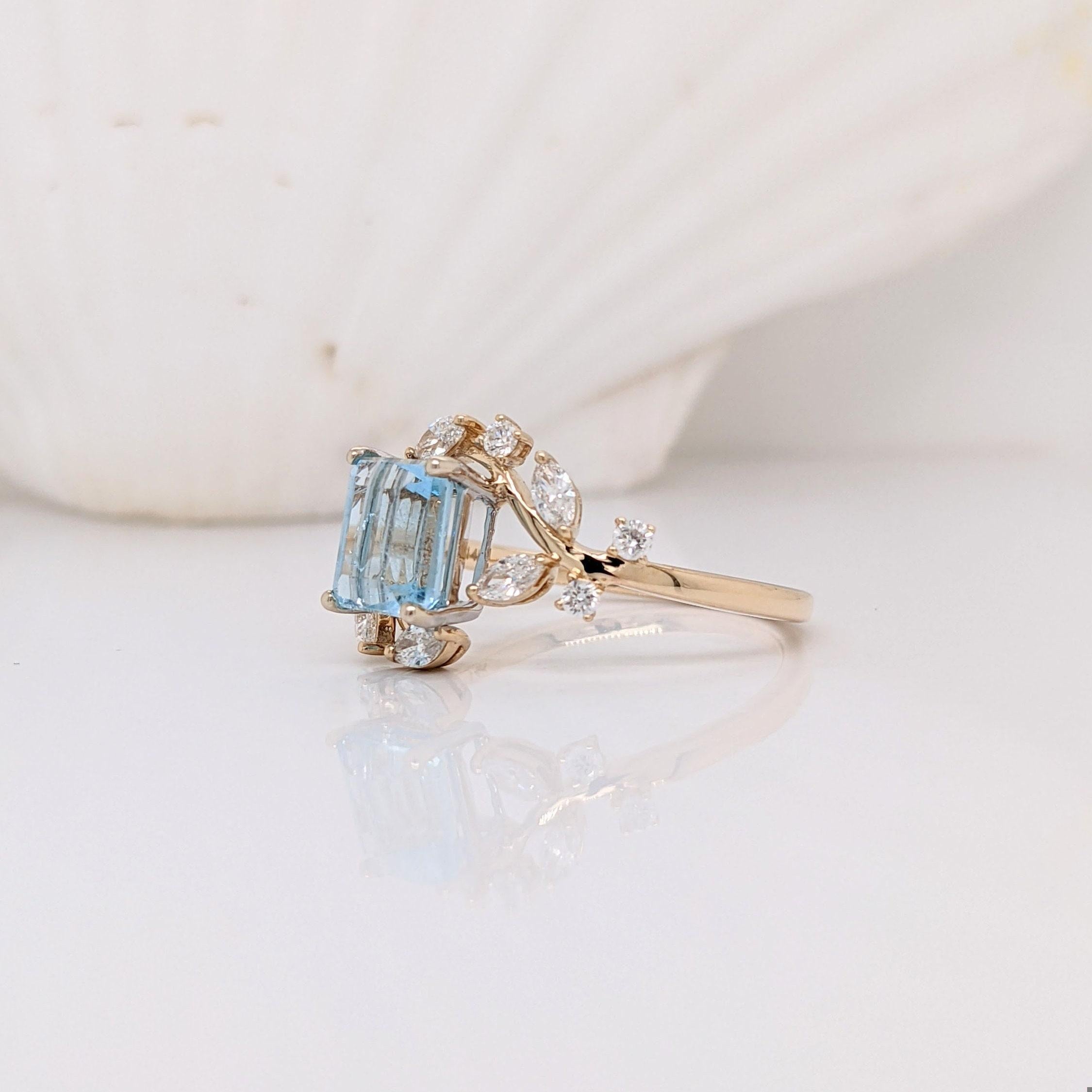Emerald Cut Santa Maria Aquamarine Ring in Solid 14K Yellow Gold with Natural Diamonds For Sale