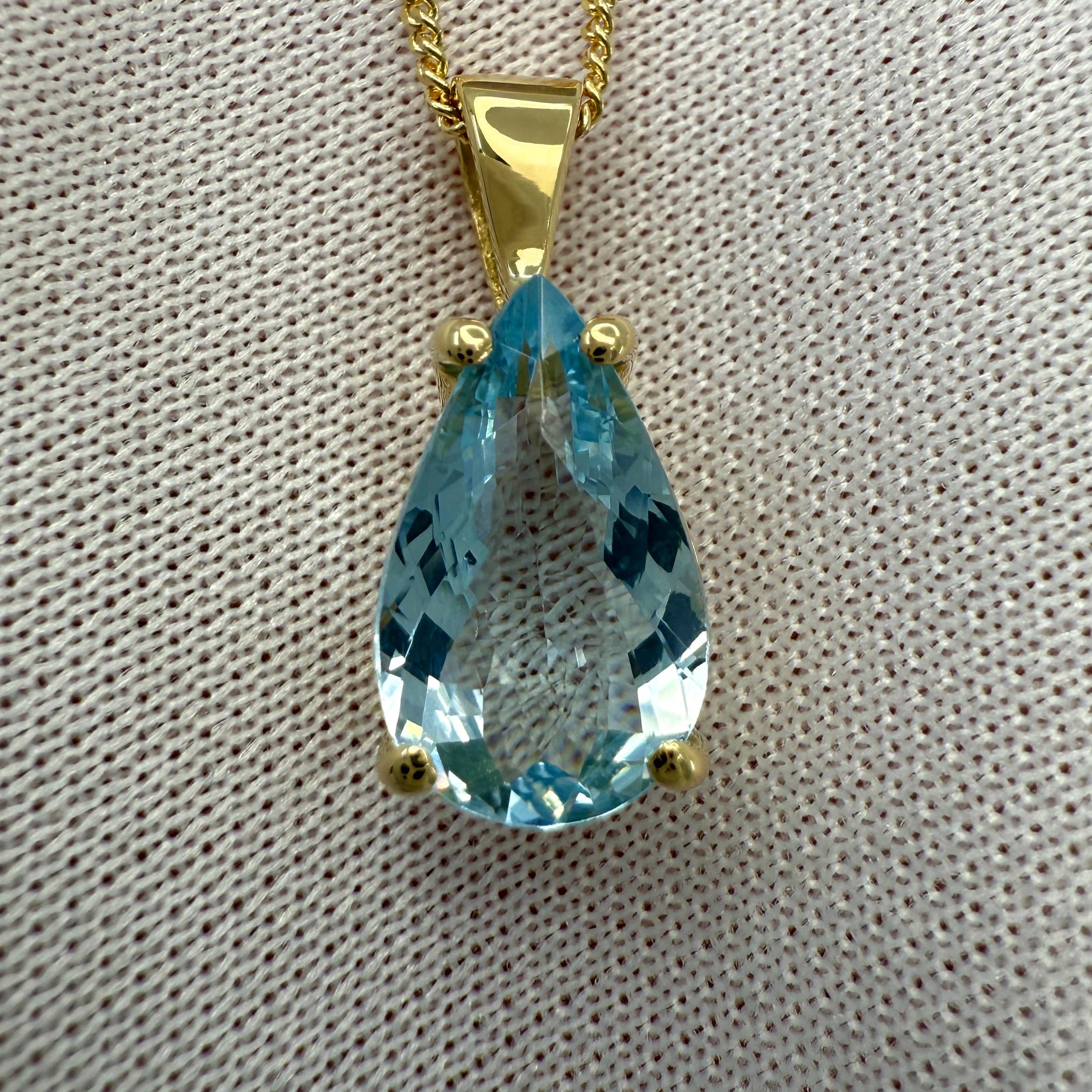 Fine Natural Santa Maria Blue Pear Teardrop Aquamarine Pendant Necklace.

2.10 Carat aquamarine with a stunning vivid blue colour set in an 18k yellow gold solitaire pendant.

The aquamarine has a very good pear teardrop cut showing lots of