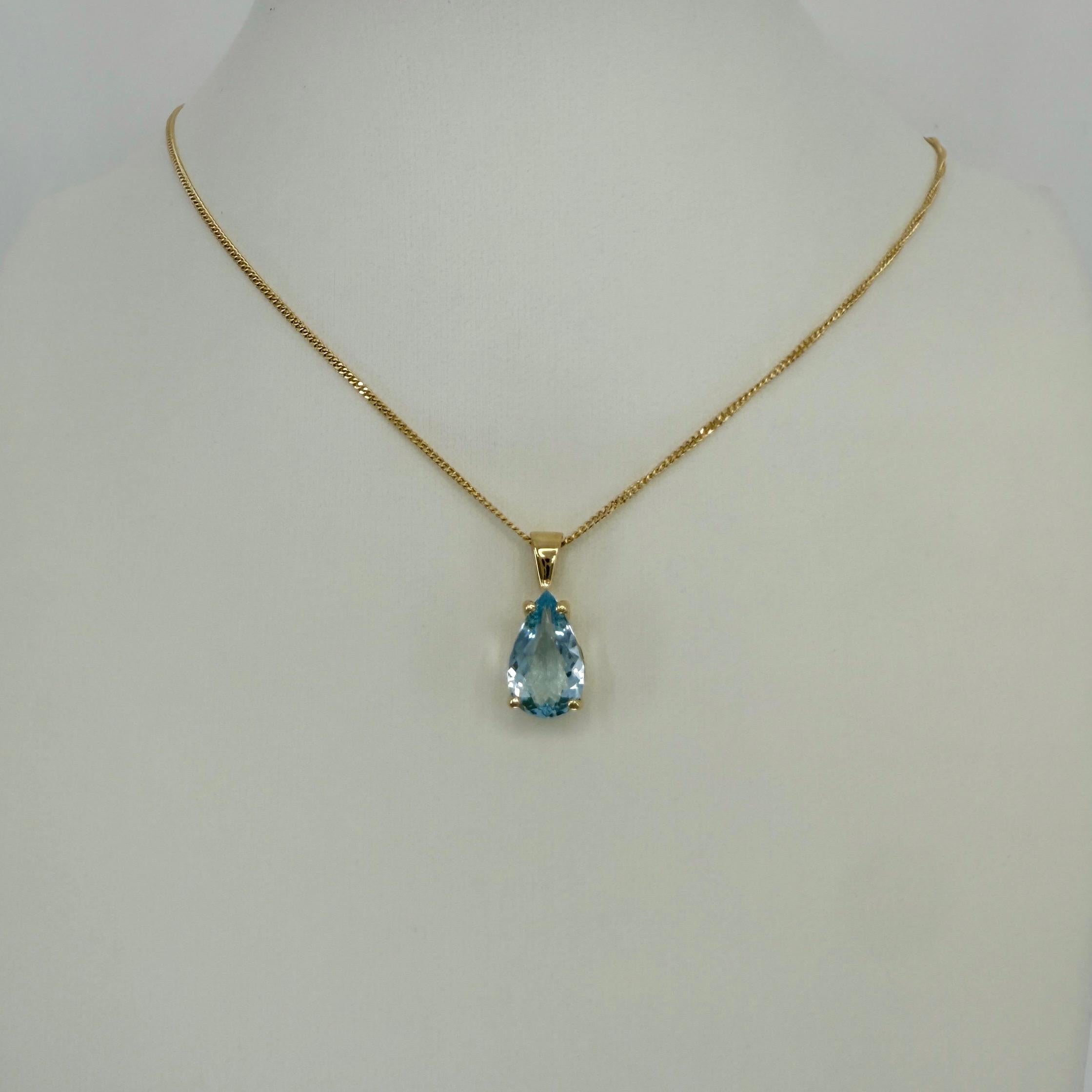 Pear Cut Santa Maria Blue Aquamarine Pear Teardrop Cut 18k Yellow Gold Pendant Necklace For Sale