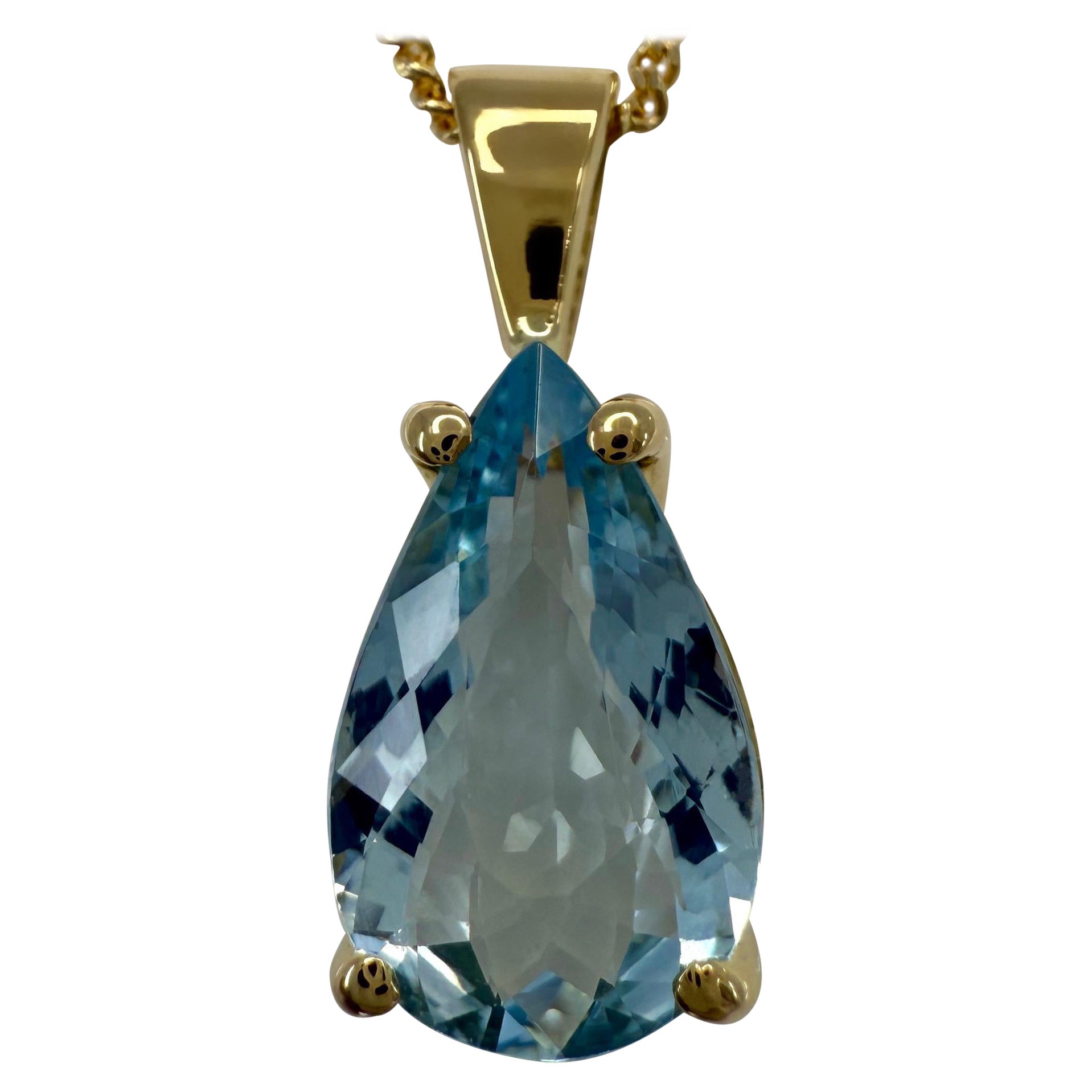 Santa Maria Blue Aquamarine Pear Teardrop Cut 18k Yellow Gold Pendant Necklace For Sale