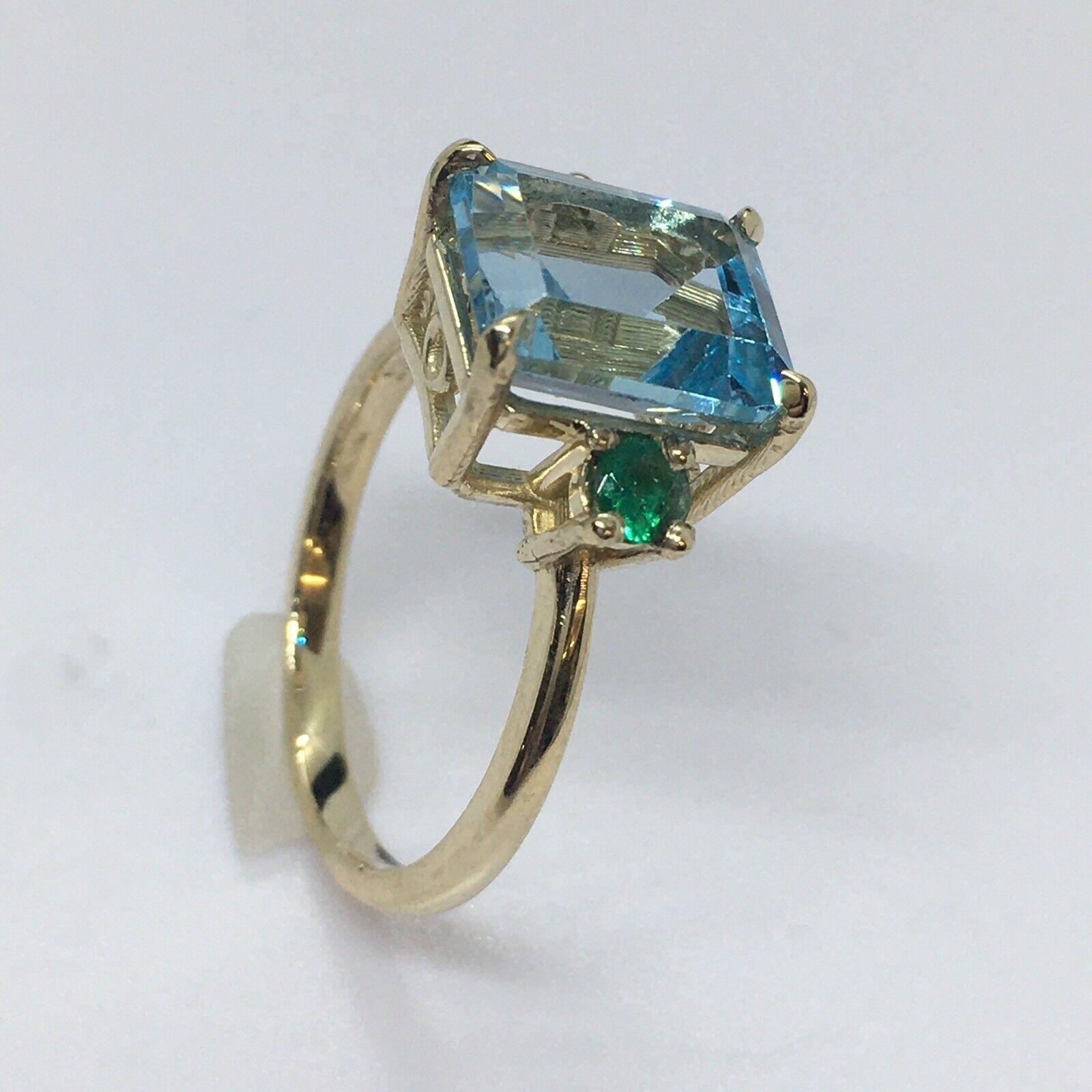 Taille émeraude Santa Maria Hue Natural Aquamarine Emerald Beryl Stone Trio Ring 14K Gold Size 7 en vente