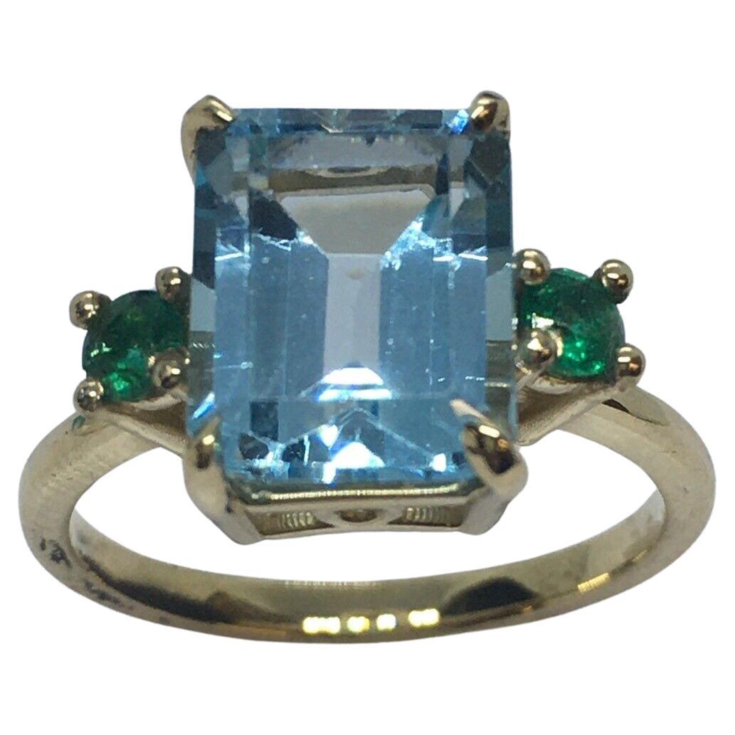 Santa Maria Hue Natural Aquamarine Emerald Beryl Stone Trio Ring 14K Gold Size 7 en vente