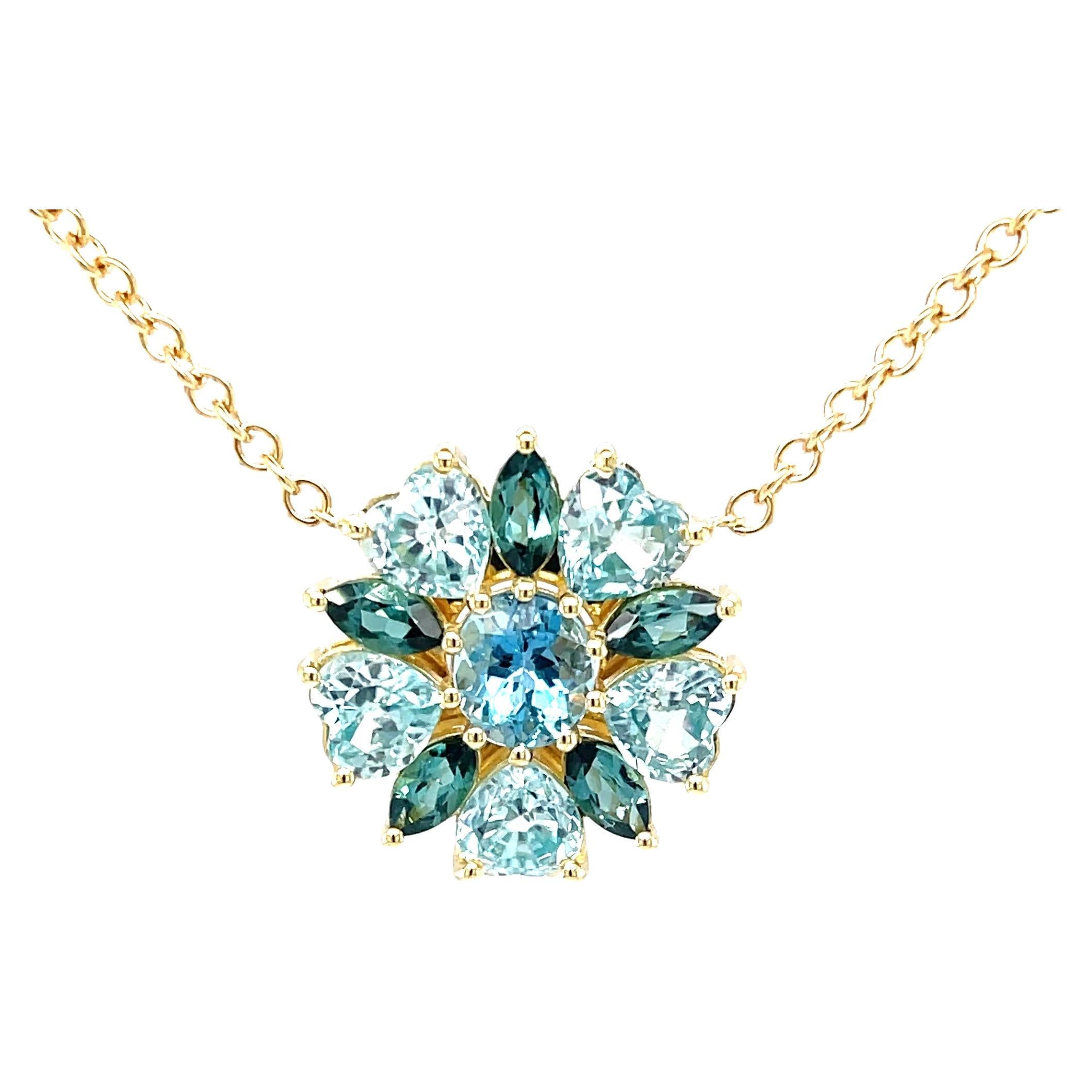 Collier en or jaune 18k avec aigue-marine, zircon bleu et topaze bleue de la mine Santa Maria
