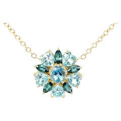 Santa Maria Mine Aquamarine, Blue Zircon and Blue Topaz Necklace 18k Yellow Gold