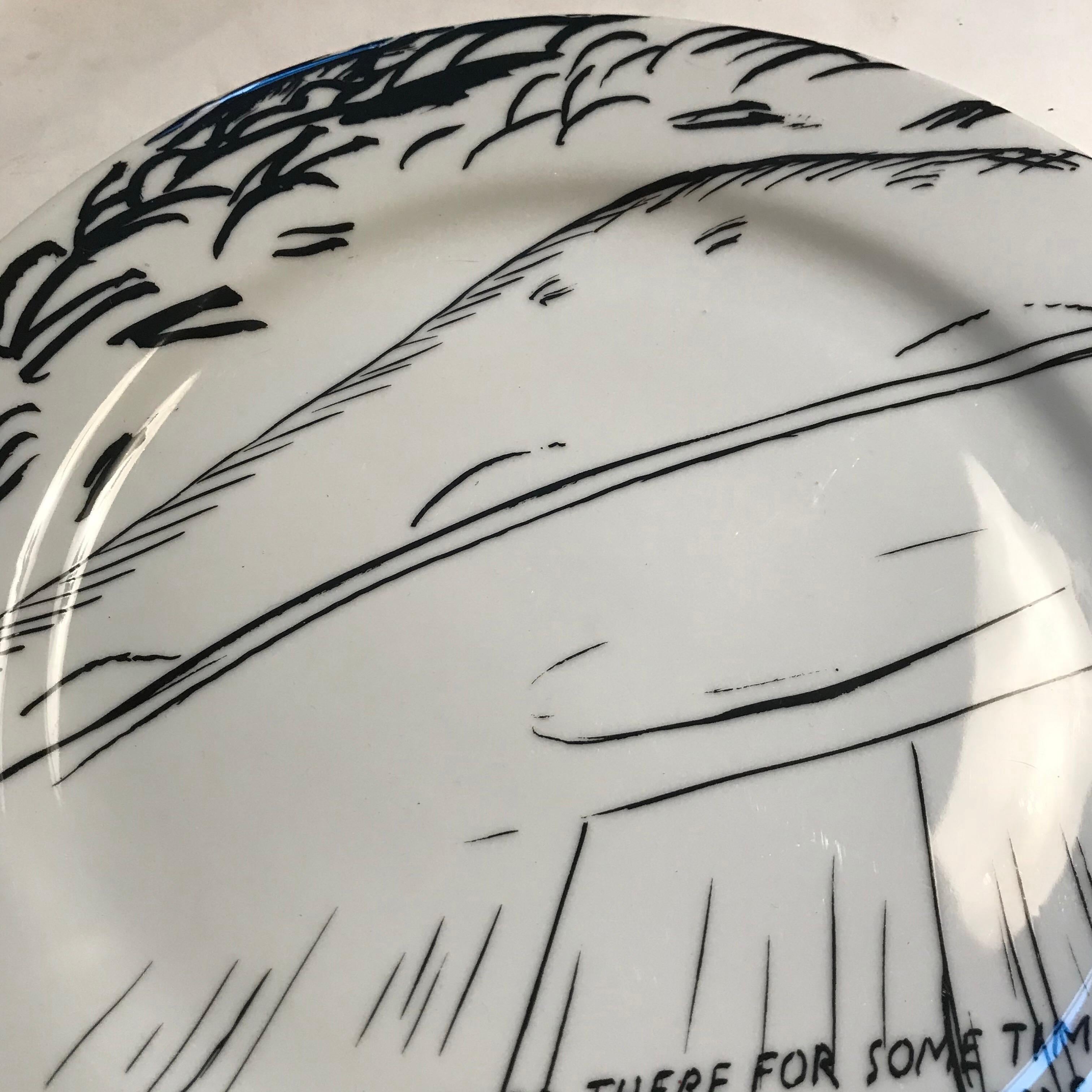 Ceramic plate designed by artist Raymond Pettibon. Produced on the occasion of the Santa Monica Museum of Art’s 20th anniversary. Edition of 125 Plate signed, numbered and stamped with artist signature and SMMOA 20th anniversary stamp to the