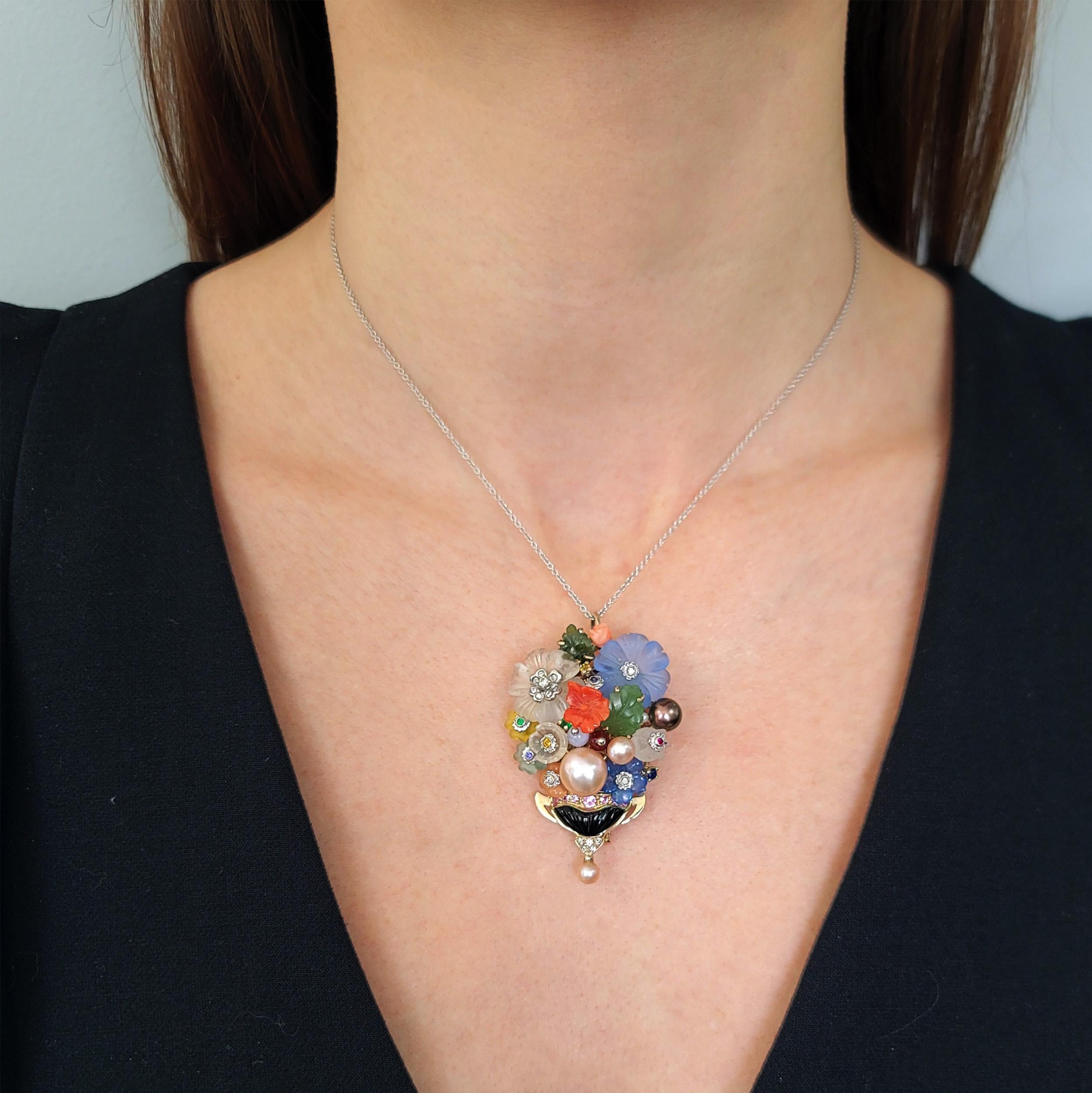 Round Cut Santagostino Colorful Flower Buquet Brooch/Pendant For Sale