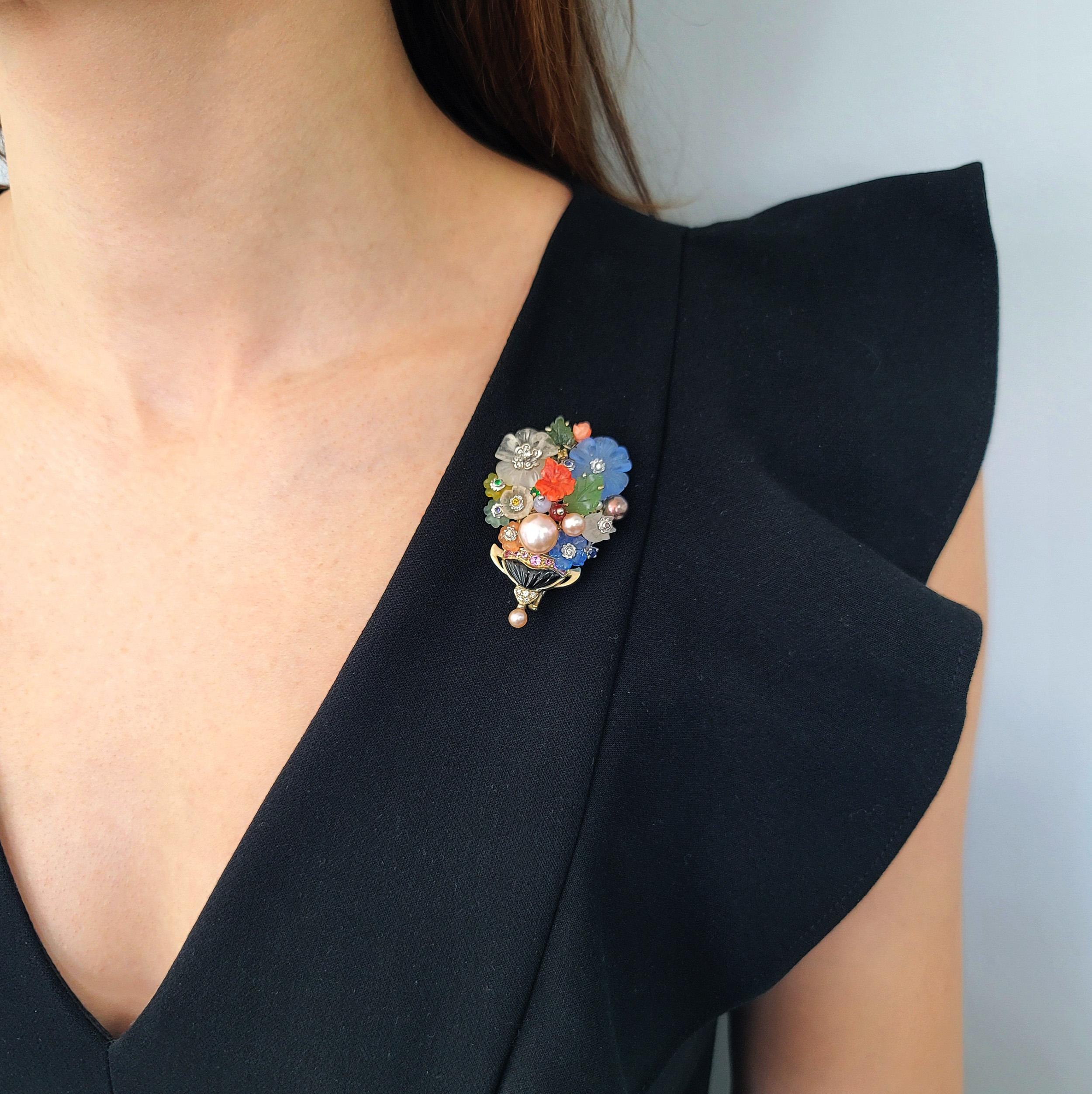 Santagostino Colorful Flower Buquet Brooch/Pendant In Excellent Condition For Sale In New York, NY