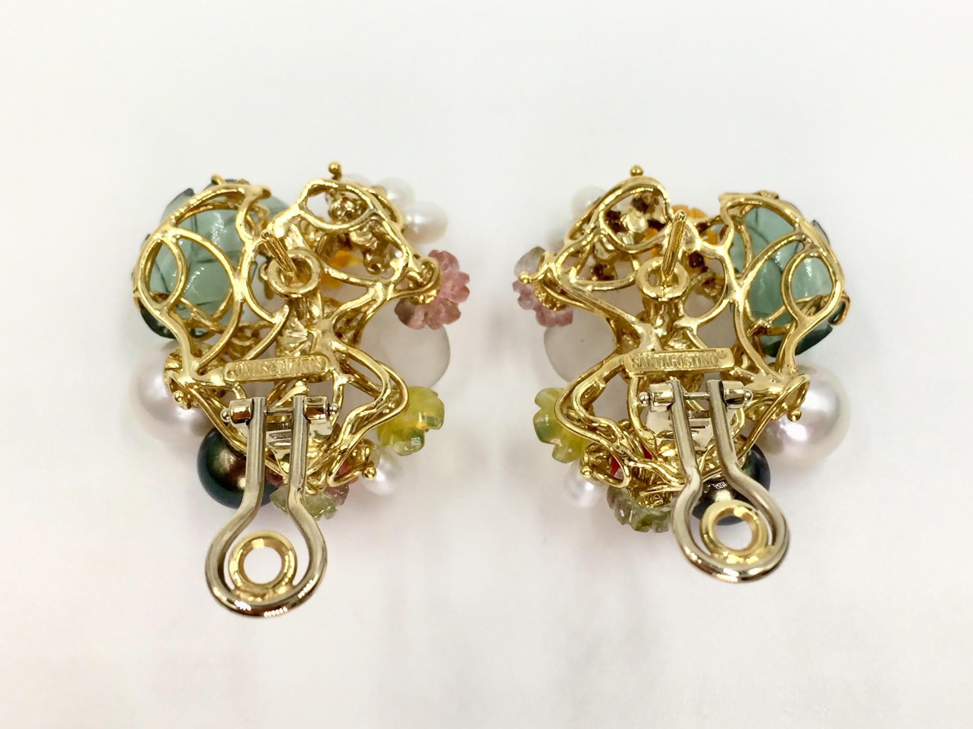 Women's Santagostino Floral Earrings with Pearls, Diamonds and Gemstones