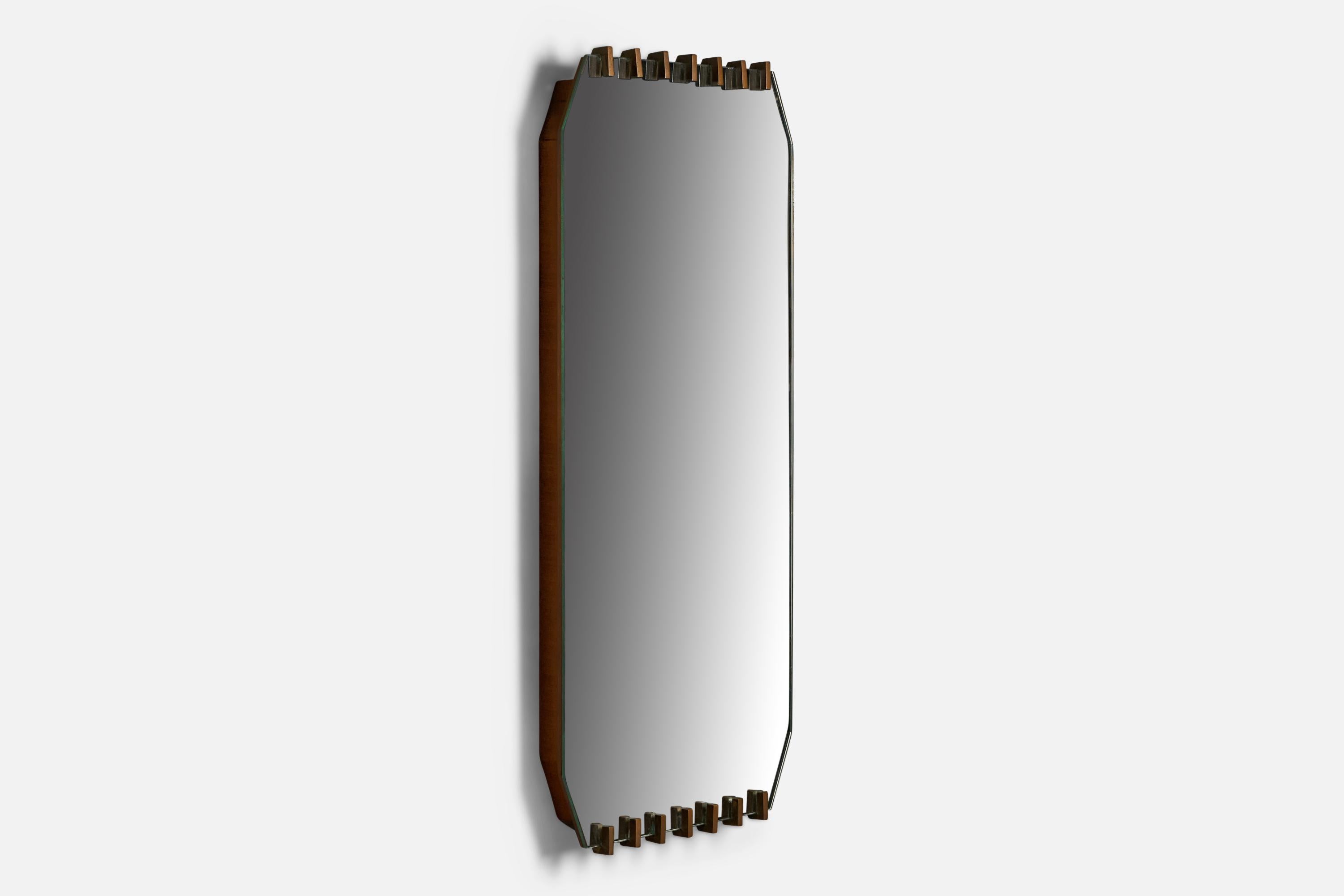 A brass and walnut wall mirror designed and produced by Sant'Amrogio De Berti, Italy, c. 1960s. Mirror with manufacturers label to backside.