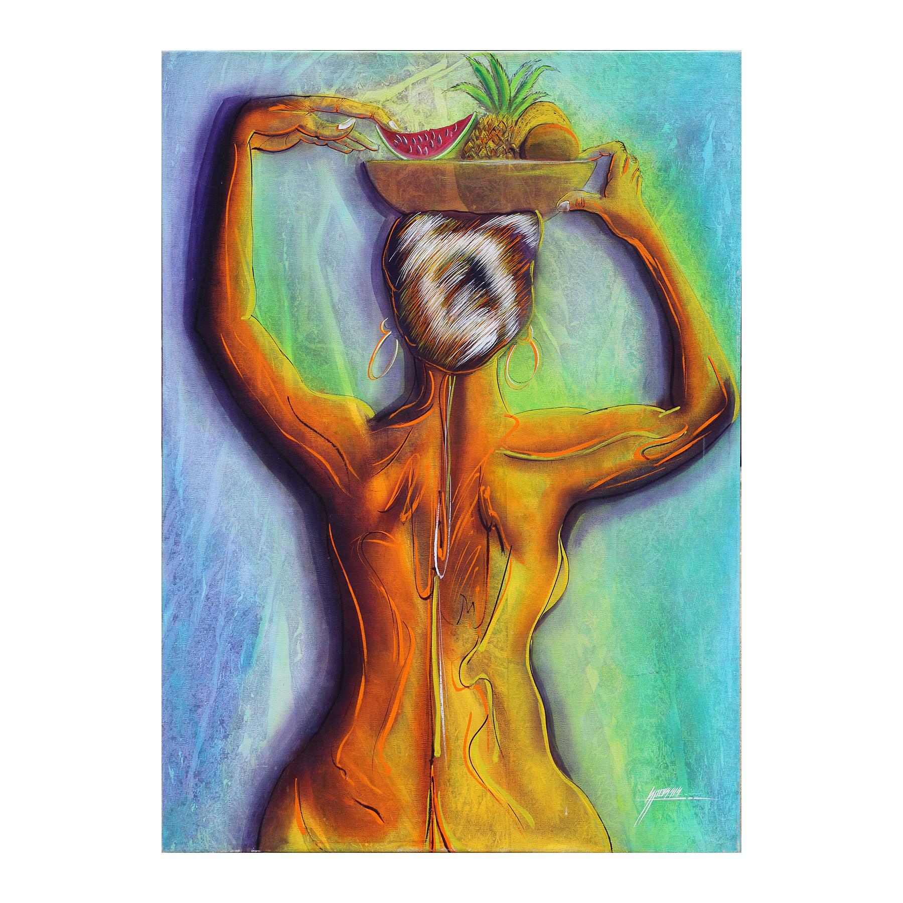 Santander Pacheco Assis Figurative Painting - "Tropicalisima" Venezuelan Abstract Neon Nude Figure with Fruit Bowl on Head 