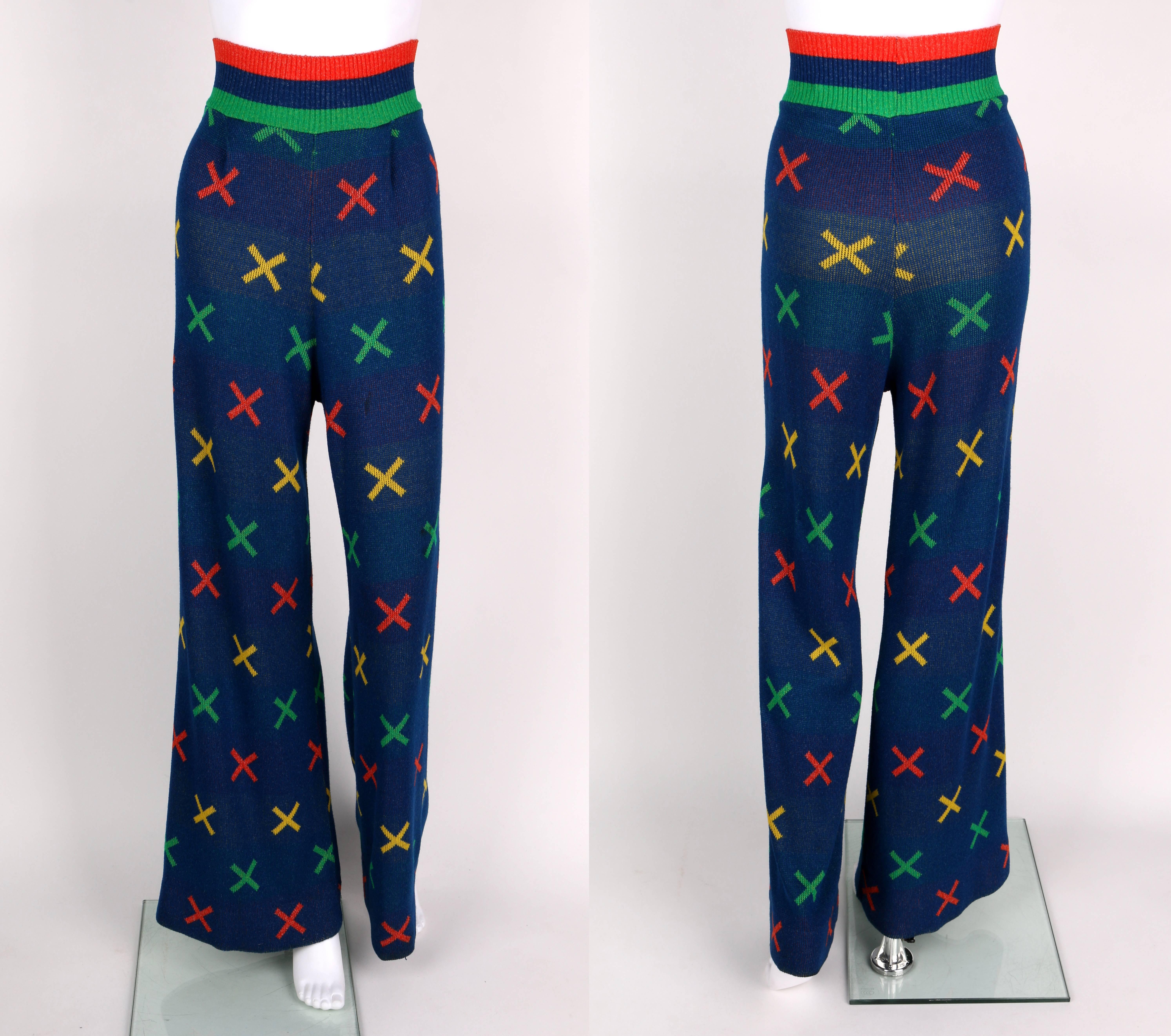 SANT'ANGELO c.1970's 3 Pc Multicolor X Pattern Knit Cardigan Scarf Pant Suit Set In Excellent Condition In Thiensville, WI