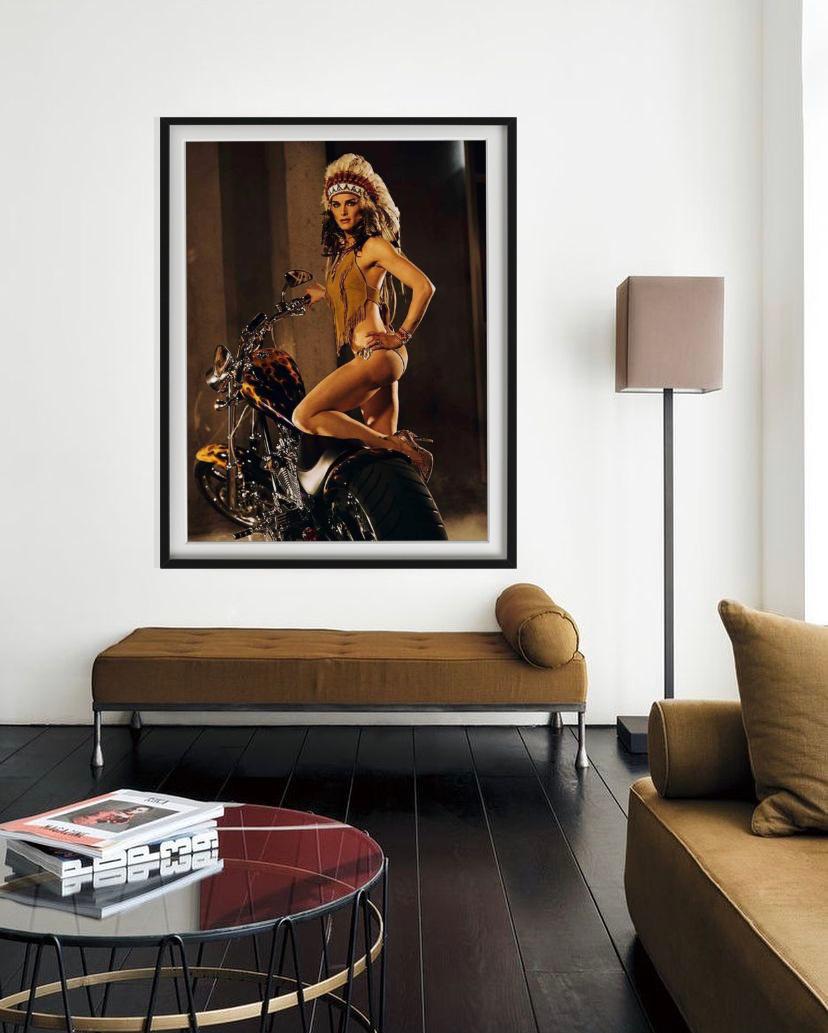 'Brooke Shields, LA' - native look with motorcycle, fine art photography, 2005 - Black Portrait Photograph by Sante D´ Orazio