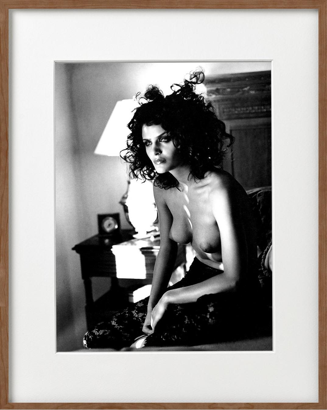 'Helena Christensen' - nude with tights in an hotel, fine art photography, 1995 - Gray Black and White Photograph by Sante D´ Orazio