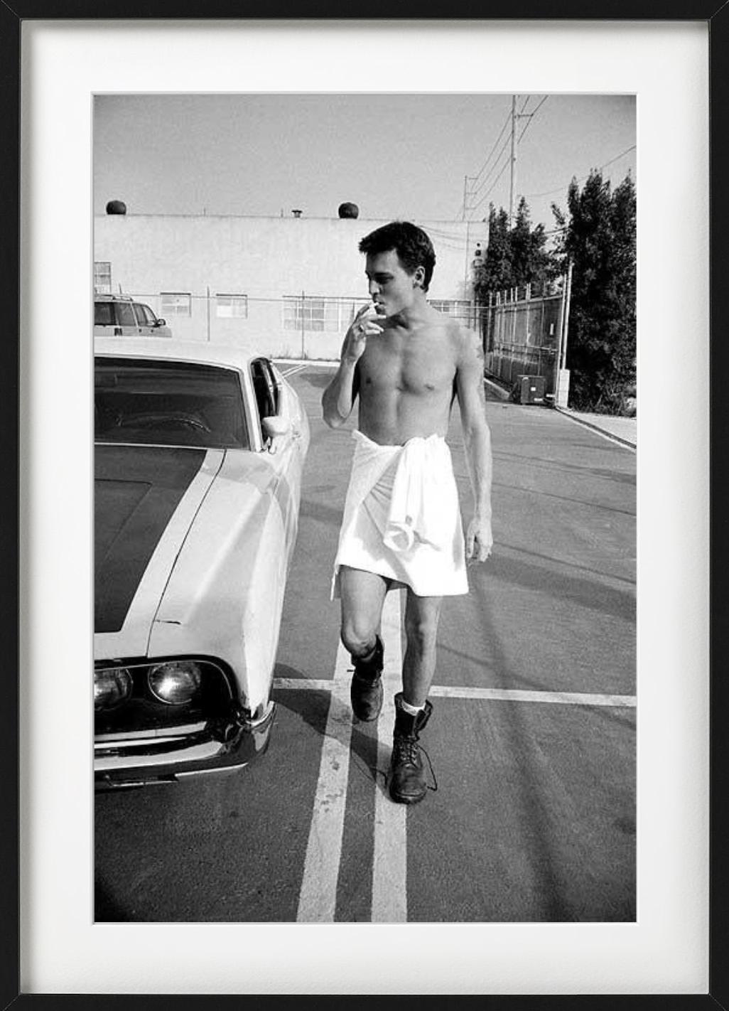 Johnny Depp, Hollywood, CA - the actor in a towel and cigarette beside a car - Gray Portrait Photograph by Sante D´ Orazio