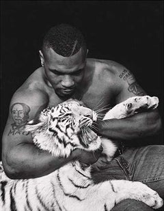 Mike Tyson, Vegas - the Boxer with a white Tiger cub, fine art photography, 1996