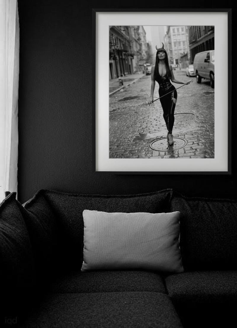 Sky Nellor, Crosby Street, NYC - devil in leather, fine art photography, 2004 - Gray Black and White Photograph by Sante D´ Orazio