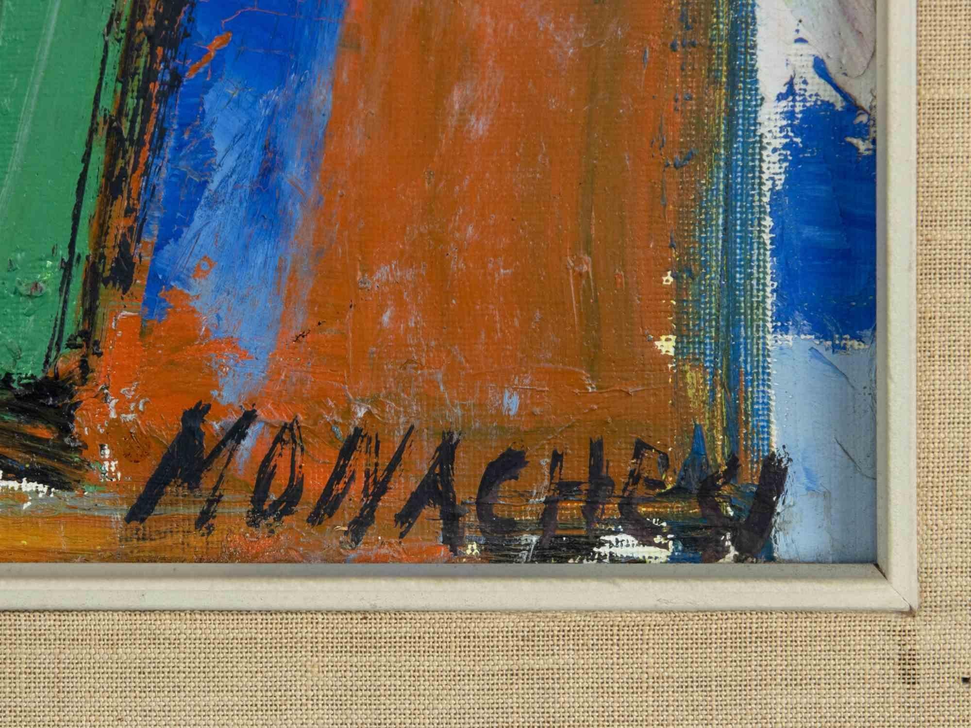 Calle y casas - Pintura al óleo de Sante Monachesi - mediados del siglo XX en venta 1