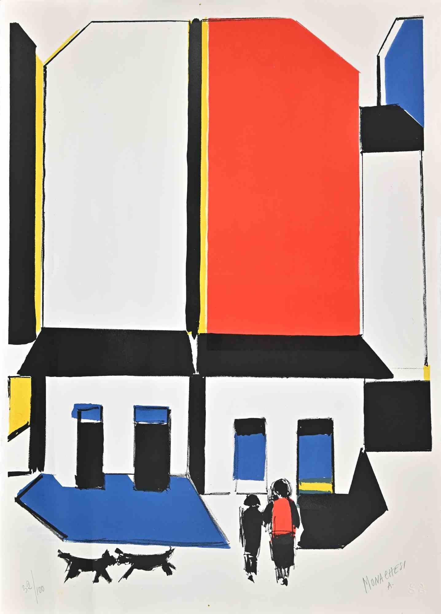 Blind Walls in Paris is a colored lithograph on paper realized by Sante Monachesi in 1975.

Hand-signed on the lower right by pencil.

Numbered on the lower left, the edition of 32/100 prints.

Title in Italian "Muri ciechi a Parigi".

Very good