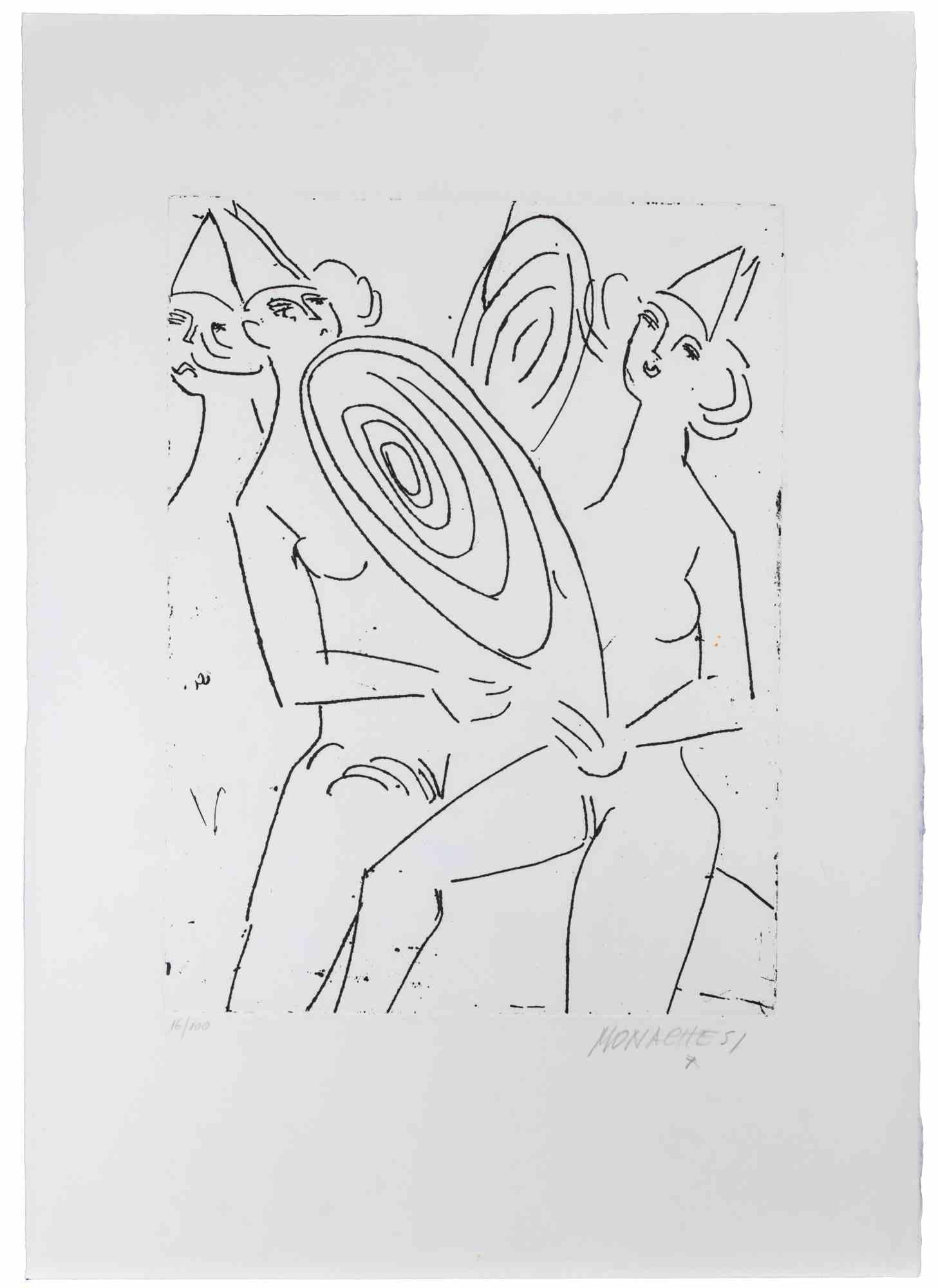 Figures is an etching and Drypoint artwork on paper realized by Sante Monachesi.

Hand-signed on the lower right by pencil.

Numbered, edition,16/100.

Good conditions.

The artwork is created in perfect composition in black and white.