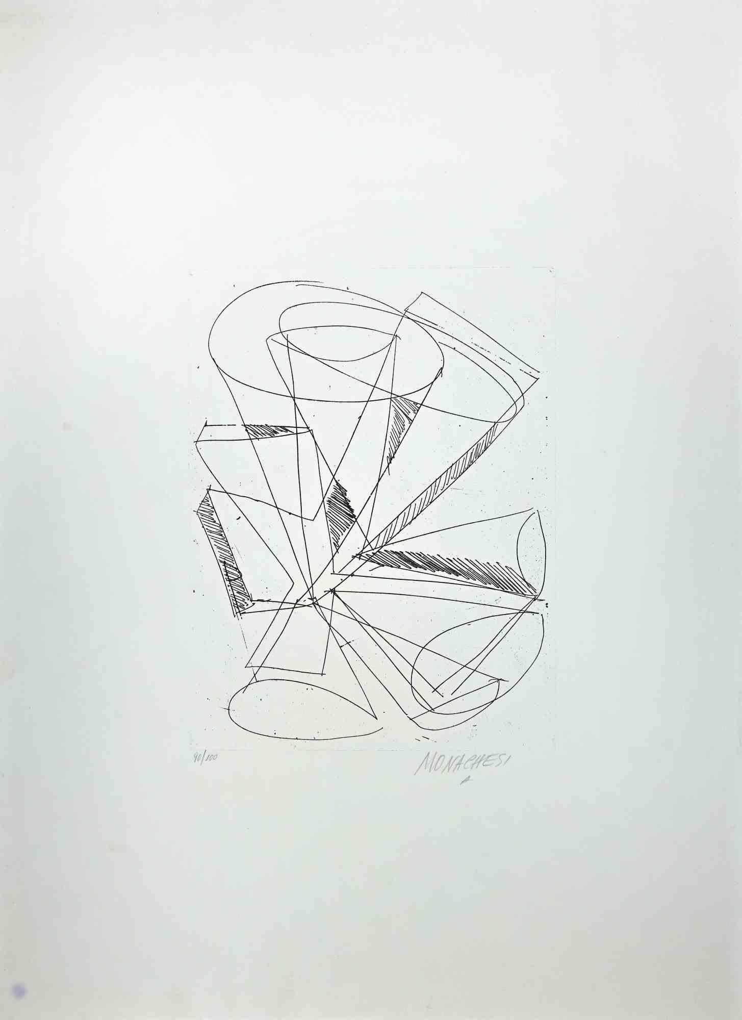 La composition géométrique abstraite est une gravure originale en noir et blanc réalisée par Sante Monachesi dans les années 1970.

Signé à la main au crayon par l'artiste en bas à droite. Numéroté, édition de 90/100 tirages.

Bon état, à