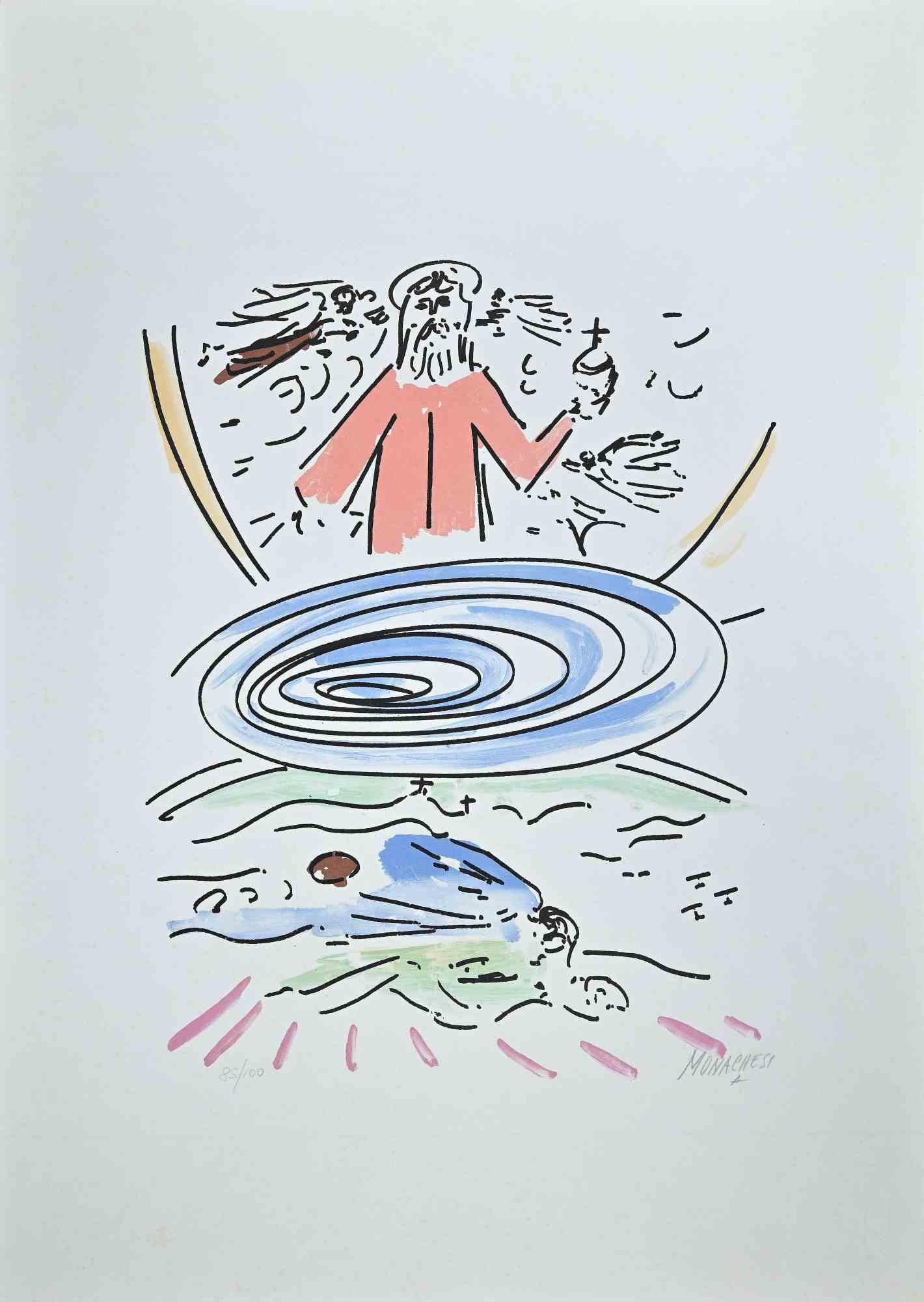 Paradiso est une lithographie colorée sur papier, réalisée par l'artiste italien  Sante Monachesi en 1977.

Signé à la main et numéroté au crayon dans la marge inférieure. Édition de 100 exemplaires.

Très bonnes conditions. Cette œuvre d'art