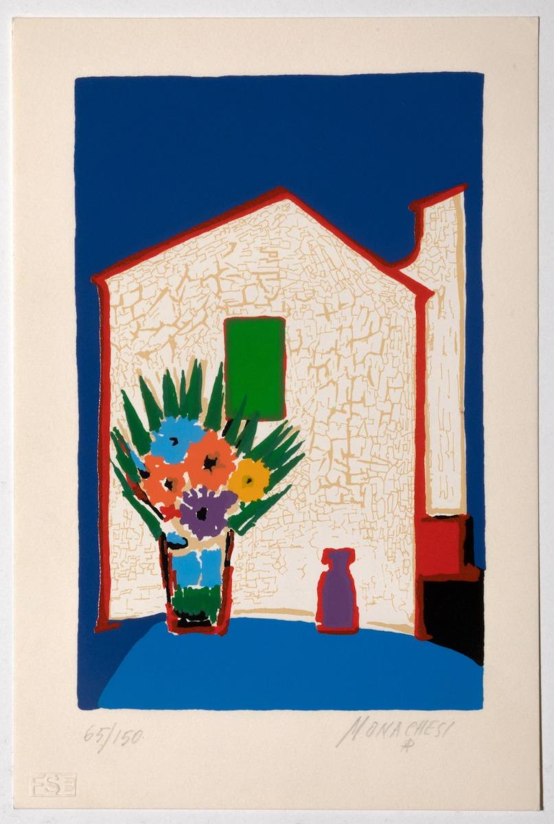 The House is a serigraph realized by the Italian artist Sante Monachesi.

Hand-signed on the lower right.

Numbered, edition 65/150.

In excellent conditions,  This beautiful and colorful artwork realized with a fresh and synthetic line and naif