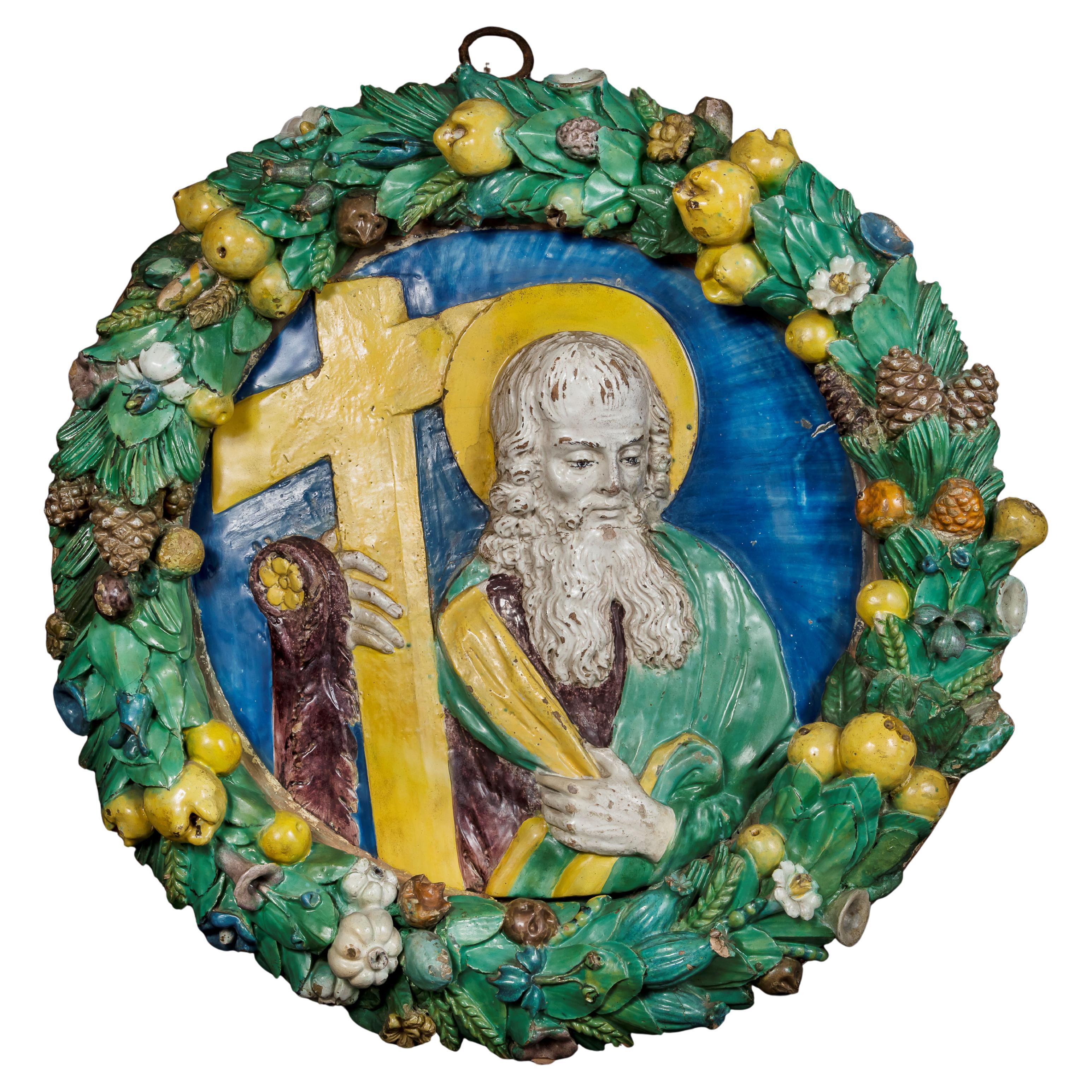 Santi Buglioni, terracotta roundel  depicting "St. Andrew" For Sale