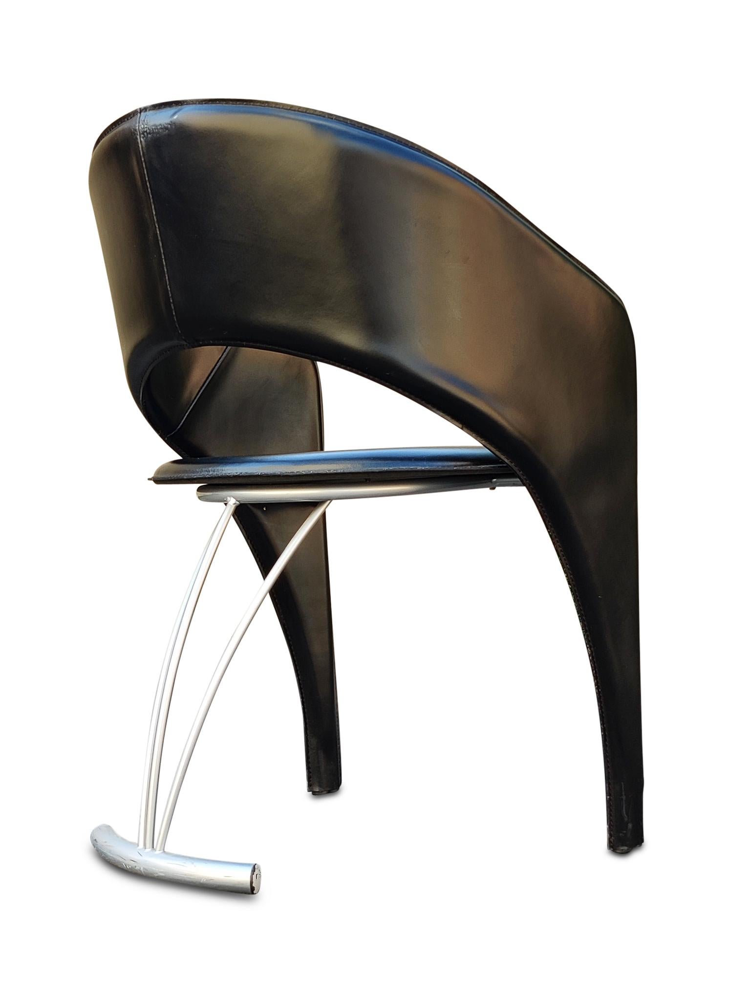 Late 20th Century Santiago Calatrava Inspired Italian Post Modern 8 Stitched Leather Dining Chairs