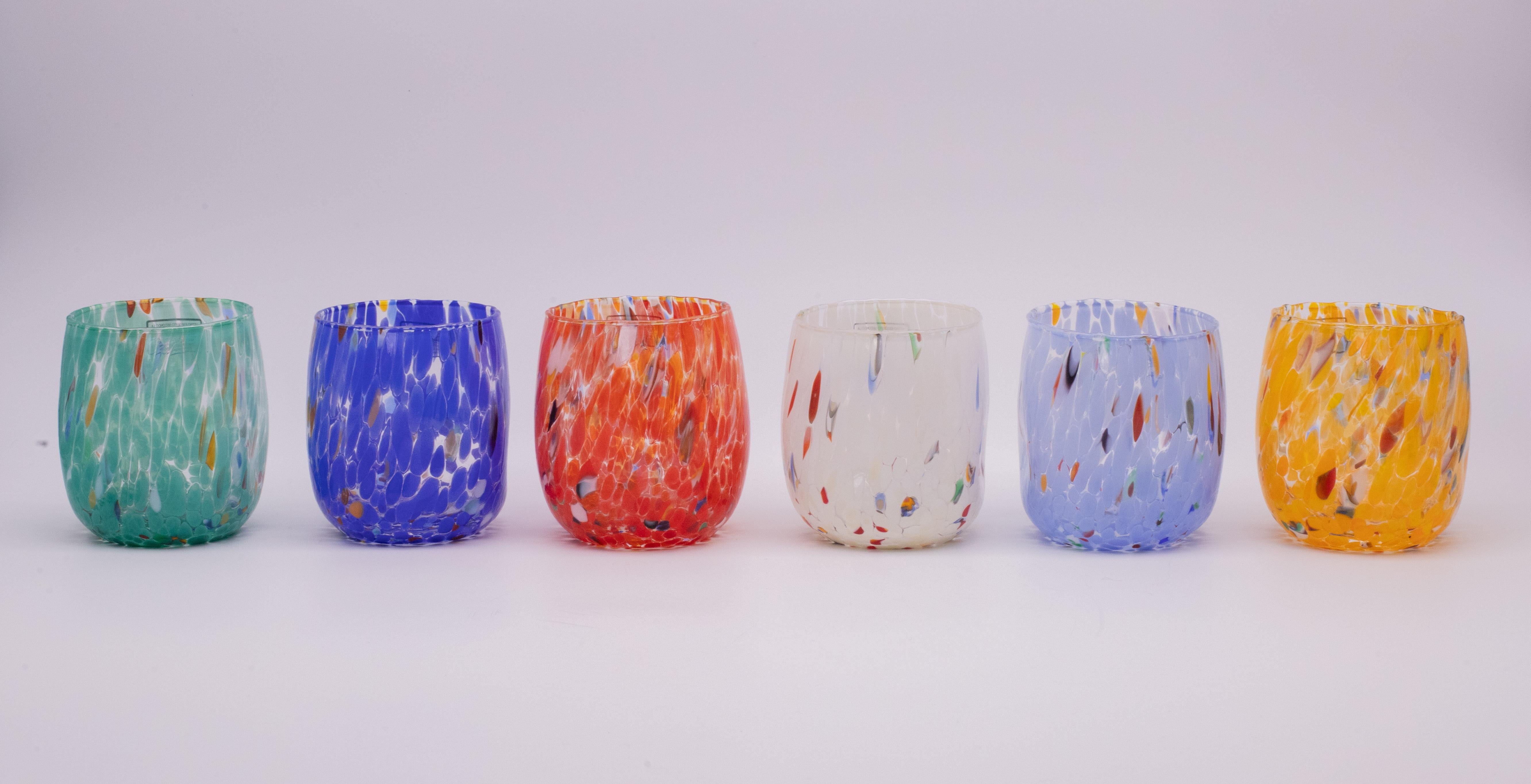 Set of six water/drink/wine glasses Multicolor - Murano glass - Made in Italy.

These individual Murano glasses are inspired by the classic 