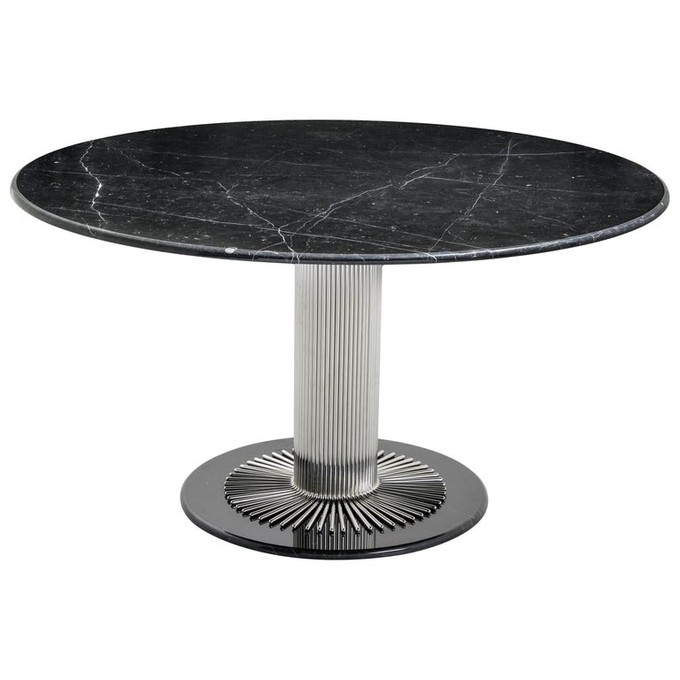 Santiago Dining Table in Negro Marquina Marble Top and Stainless Steel Details For Sale