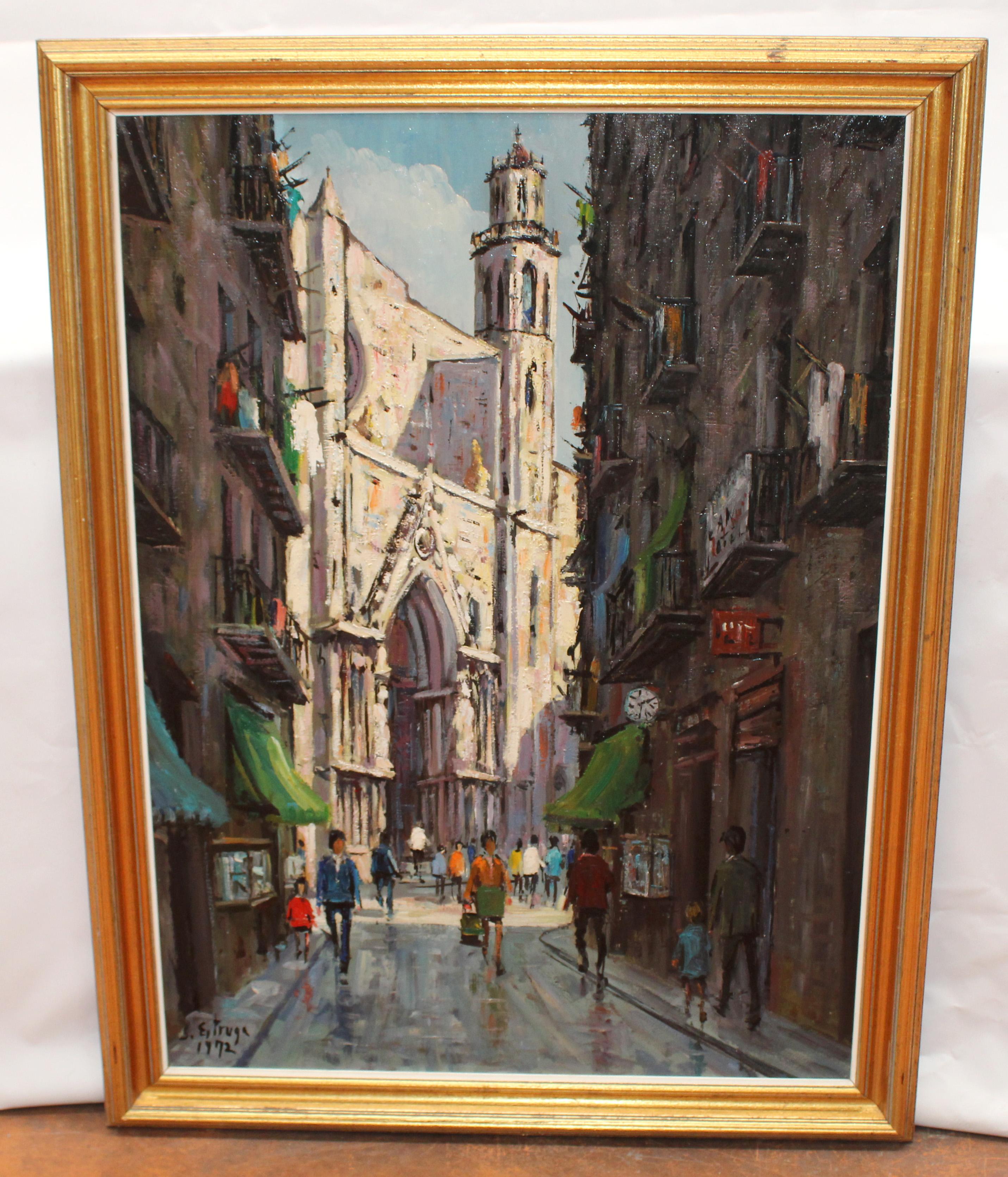 Basílica de Santa Maria del Mar (Barcelona) - Óleo sobre tela – Painting von Santiago Estruga Aliaga