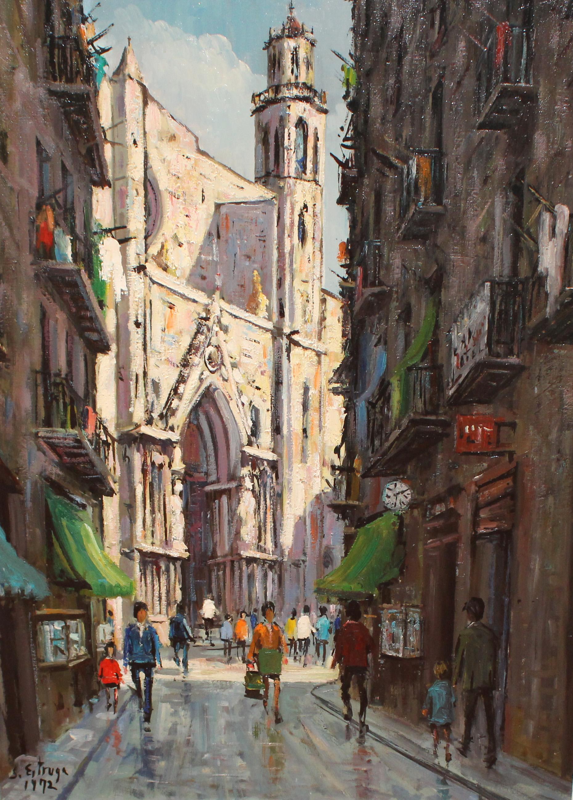 Santiago Estruga Aliaga Landscape Painting – Basílica de Santa Maria del Mar (Barcelona) - Óleo sobre tela