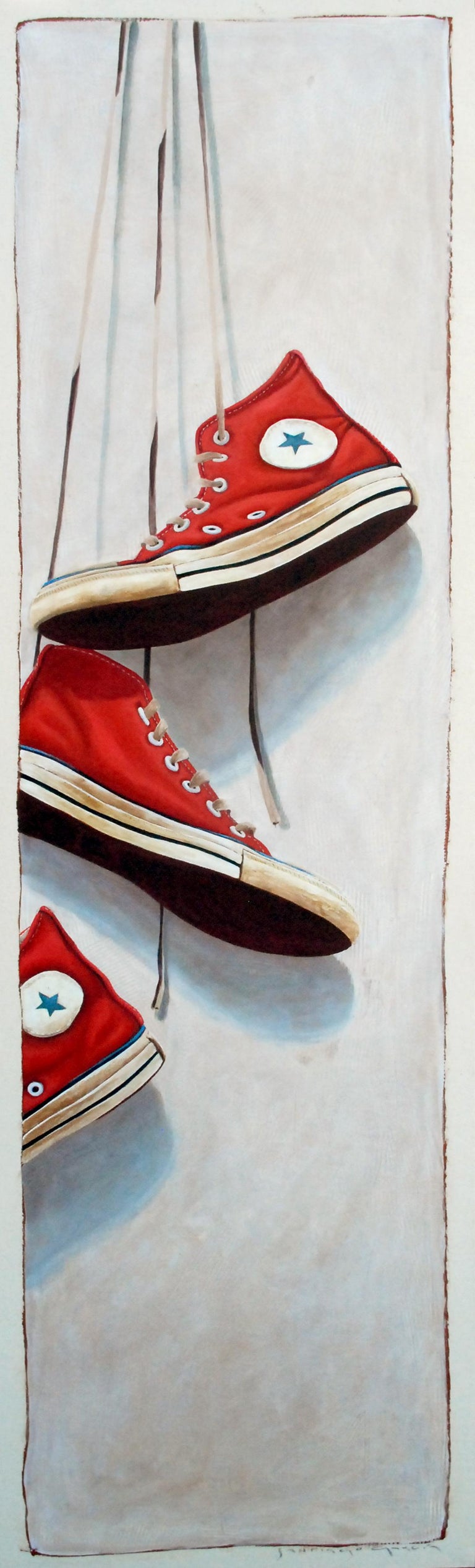 Santiago Garcia - "#1102" Oil painting of red converse high top sneakers  hanging by the laces at 1stDibs