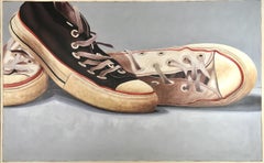 "#111" Oil painting of converse in black and white on grey background