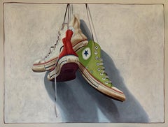 "#1319" photorealist oil painting of red, green and white converse high tops