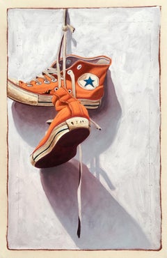 "#1300" Oil painting of orange high top converse sneakers hanging by laces