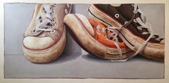 "#1301" Oil painting of black, orange, white converse sneakers leaned together