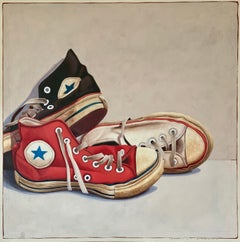 "1318" Photorealist oil painting of red, black, and white converse sneakers