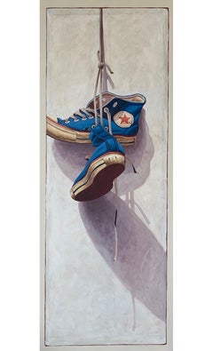 "#1320" photorealist oil painting of blue high top converse on white background