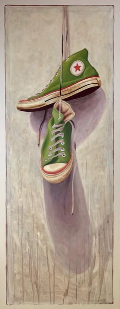 "1330" photorealist oil painting of green converse high tops, neutral background