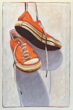 "1331" photorealist oil painting of orange low top converse on white background
