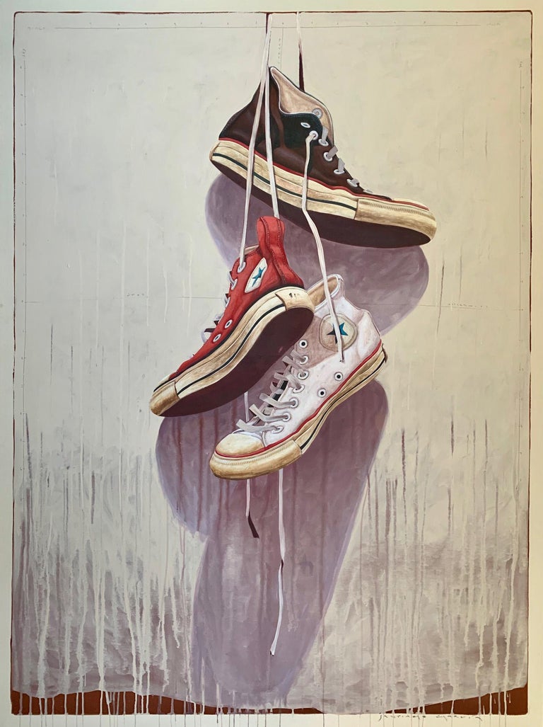Santiago Garcia - "#1332" photorealist oil painting of black, red, white  converse high tops at 1stDibs